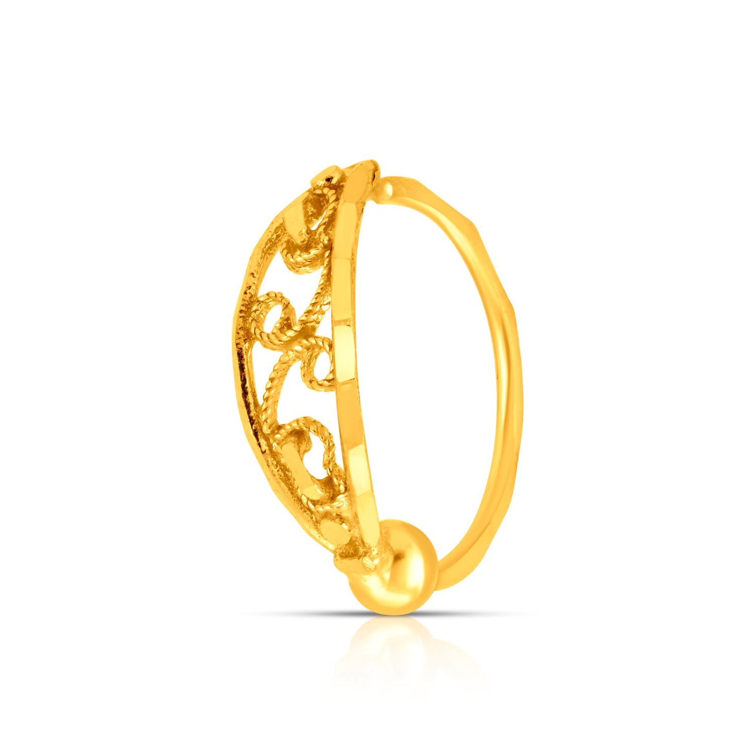 Vine Loop Gold Nose Ring by Yuvora in 18K gold with intricate vine-inspired filigree design, side profile view