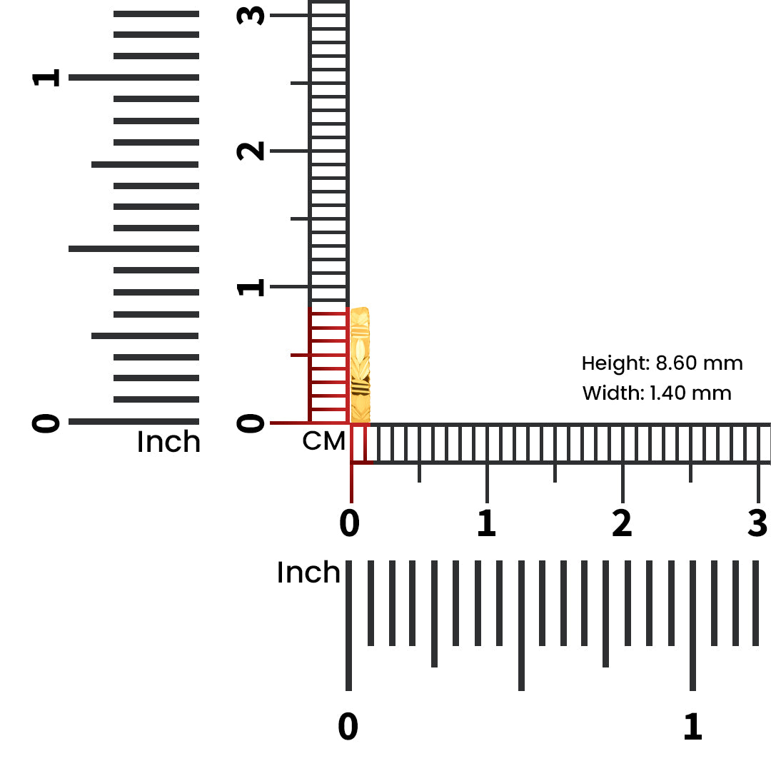 Viva Mosaic gold nose pin measured with ruler showing dimensions 8.60 mm height and 1.40 mm width